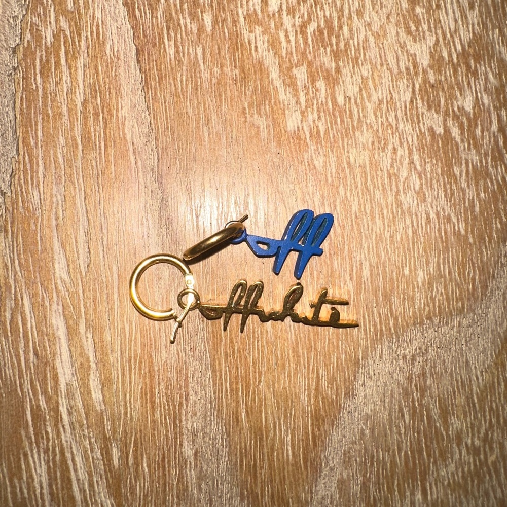 Off-White Gold and Blue Script Earrings